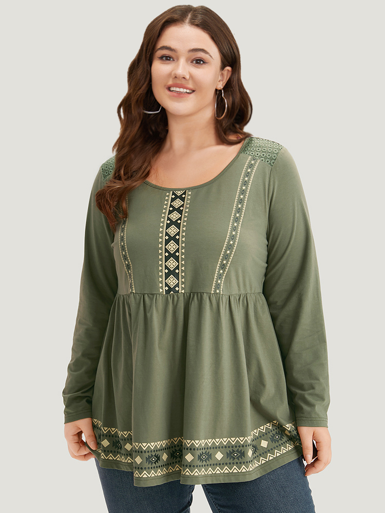 

Plus Size Boho Print Broderie Anglaise Gathered Crew Neck T-shirt ArmyGreen Round Neck Long Sleeve Casual Jersey Tops