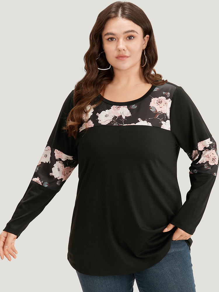 

Plus Size Floral Print Patchwork Round Neck T-shirt Black Women Casual Printed Floral Round Neck Dailywear T-shirts BloomChic