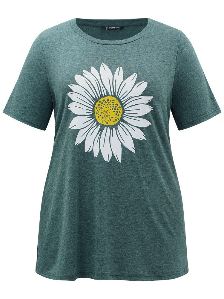 

Plus Size Floral Print Round Neck T-shirt Cyan Women Casual Printed Natural Flowers Dailywear T-shirts BloomChic