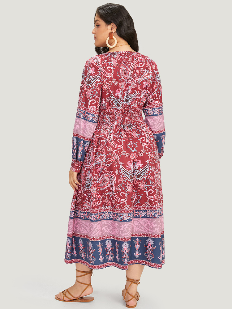 Plus Size Women Dailywear Bohemian Print Cross straps Regular Sleeve Long Sleeve V-neck Pocket Vacation Dresses BloomChic 