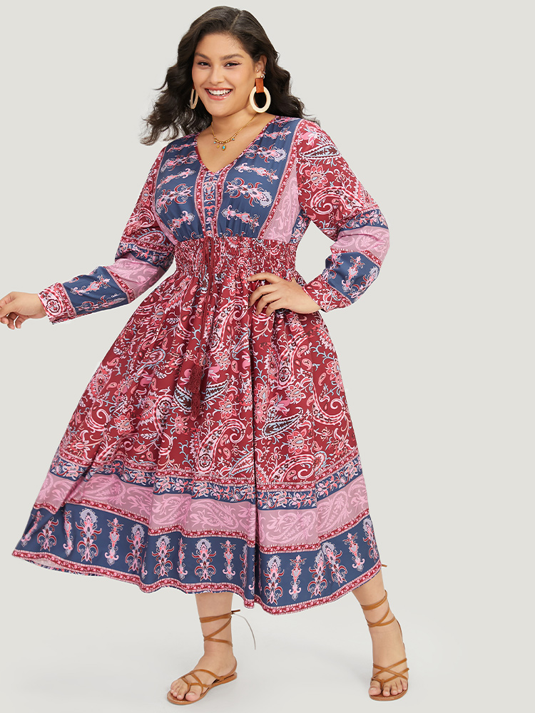 Plus Size Women Dailywear Bohemian Print Cross straps Regular Sleeve Long Sleeve V-neck Pocket Vacation Dresses BloomChic 