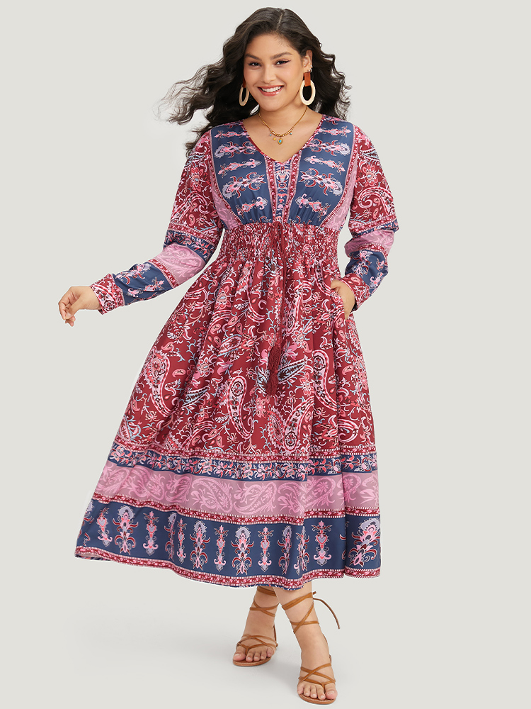 Plus Size Women Dailywear Bohemian Print Cross straps Regular Sleeve Long Sleeve V-neck Pocket Vacation Dresses BloomChic 