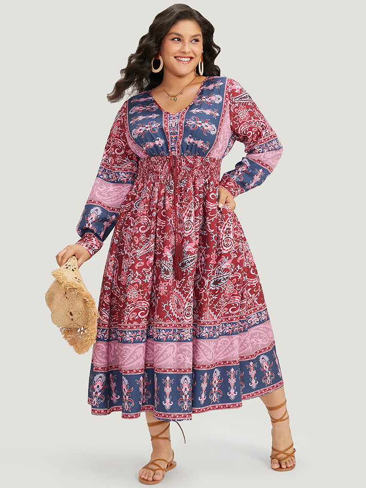 Plus Size Women Dailywear Bohemian Print Cross straps Regular Sleeve Long Sleeve V-neck Pocket Vacation Dresses BloomChic 