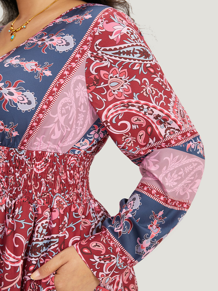 Plus Size Women Dailywear Bohemian Print Cross straps Regular Sleeve Long Sleeve V-neck Pocket Vacation Dresses BloomChic 
