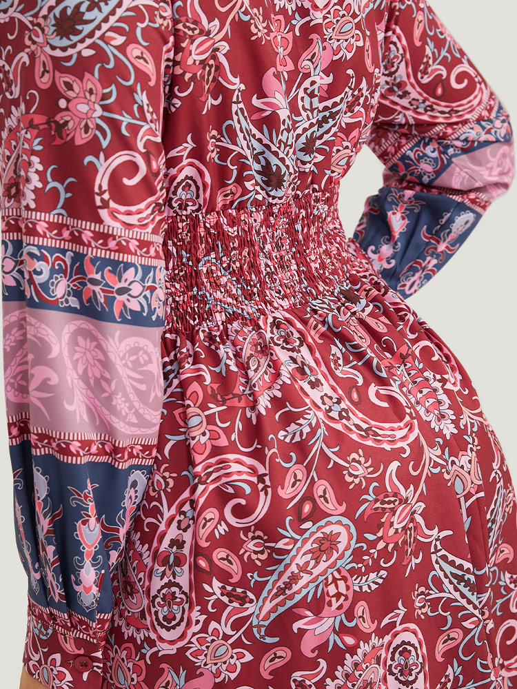 Plus Size Women Dailywear Bohemian Print Cross straps Regular Sleeve Long Sleeve V-neck Pocket Vacation Dresses BloomChic 
