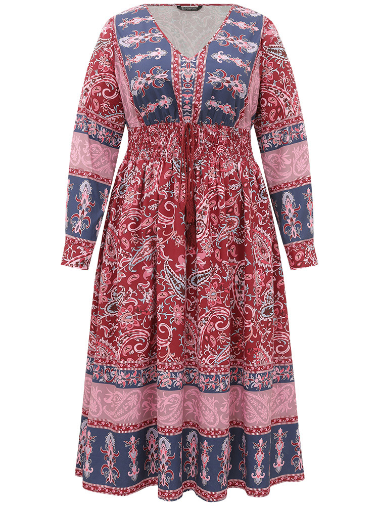 Plus Size Women Dailywear Bohemian Print Cross straps Regular Sleeve Long Sleeve V-neck Pocket Vacation Dresses BloomChic 