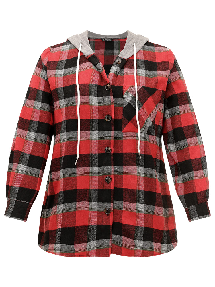 

Plus Size Plaid Patchwork Hooded Drawstring Button Through Jacket Women Red Dailywear Jackets BloomChic