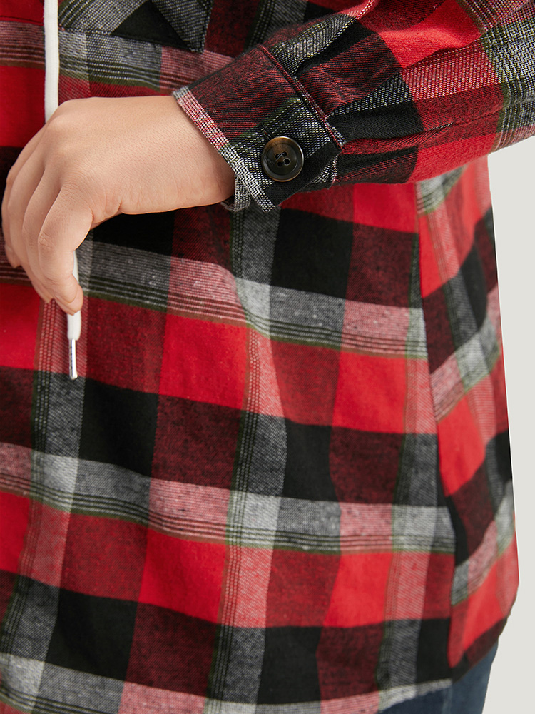 Plus Size Plaid Patchwork Hooded Drawstring Button Through Jacket Women Red Dailywear Jackets BloomChic 12/L 