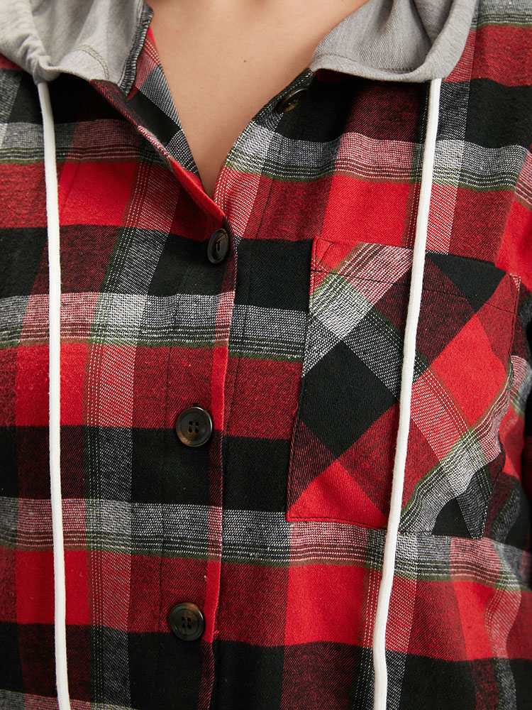 Plus Size Plaid Patchwork Hooded Drawstring Button Through Jacket Women Red Dailywear Jackets BloomChic 12/L 