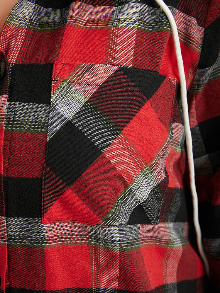 Plus Size Plaid Patchwork Hooded Drawstring Button Through Jacket Women Red Dailywear Jackets BloomChic 12/L 