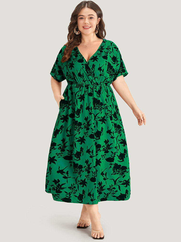 

Plus Size Silhouette Floral Print Surplice Neck Elastic Waist Dress Green Women Elegant Wrap V-neck Short sleeve Curvy Midi Dress BloomChic