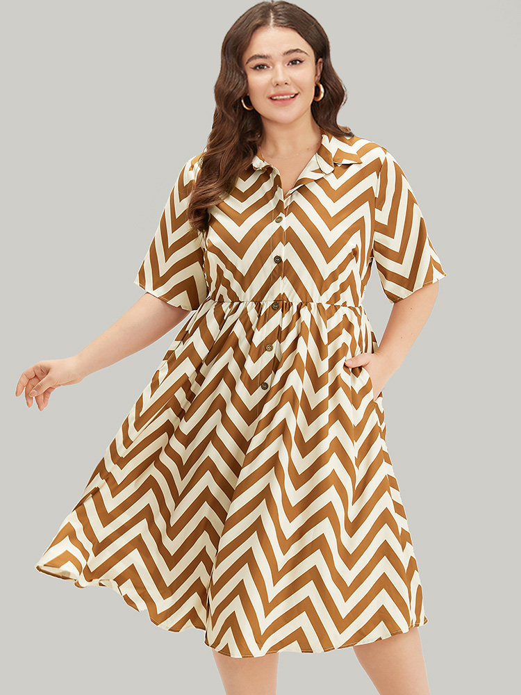 

Plus Size Geometric Print Shirt Collar Button Through Dress Bronze Women Office Printed Shirt collar Short sleeve Curvy Midi Dress BloomChic