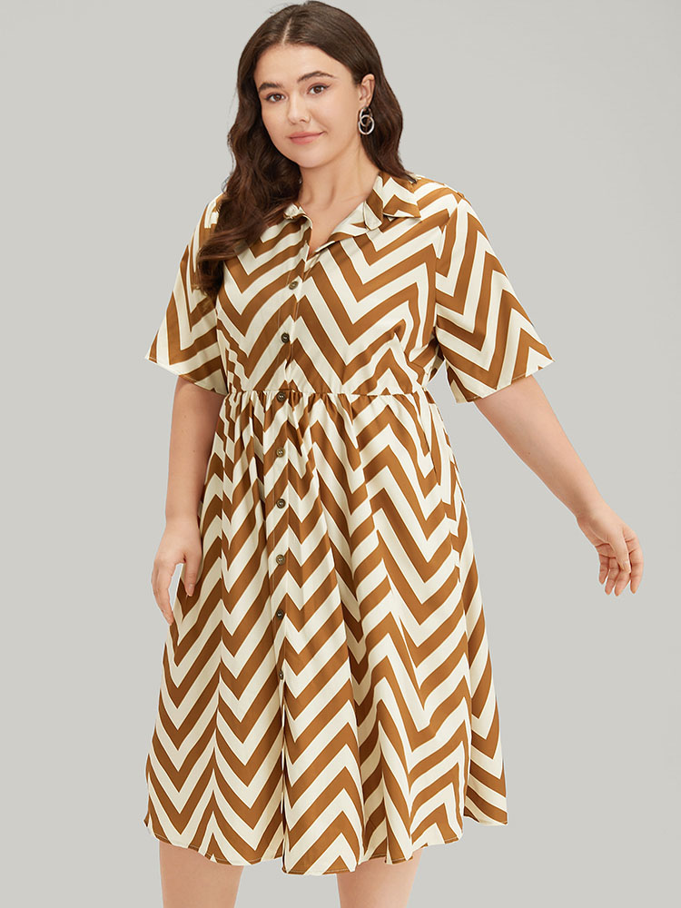 Plus Size Women Work Geometric Printed Regular Sleeve Short sleeve Shirt collar Pocket Office Dresses BloomChic 