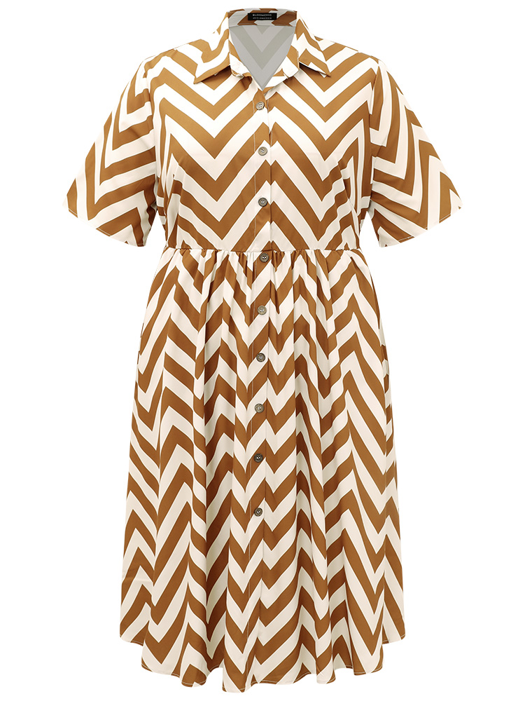 Plus Size Women Work Geometric Printed Regular Sleeve Short sleeve Shirt collar Pocket Office Dresses BloomChic 
