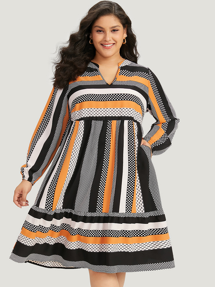 

Plus Size Polka Dot & Striped Print Notched Pocket Dress Orange Women Office Elastic cuffs Notched collar Long Sleeve Curvy Midi Dress BloomChic