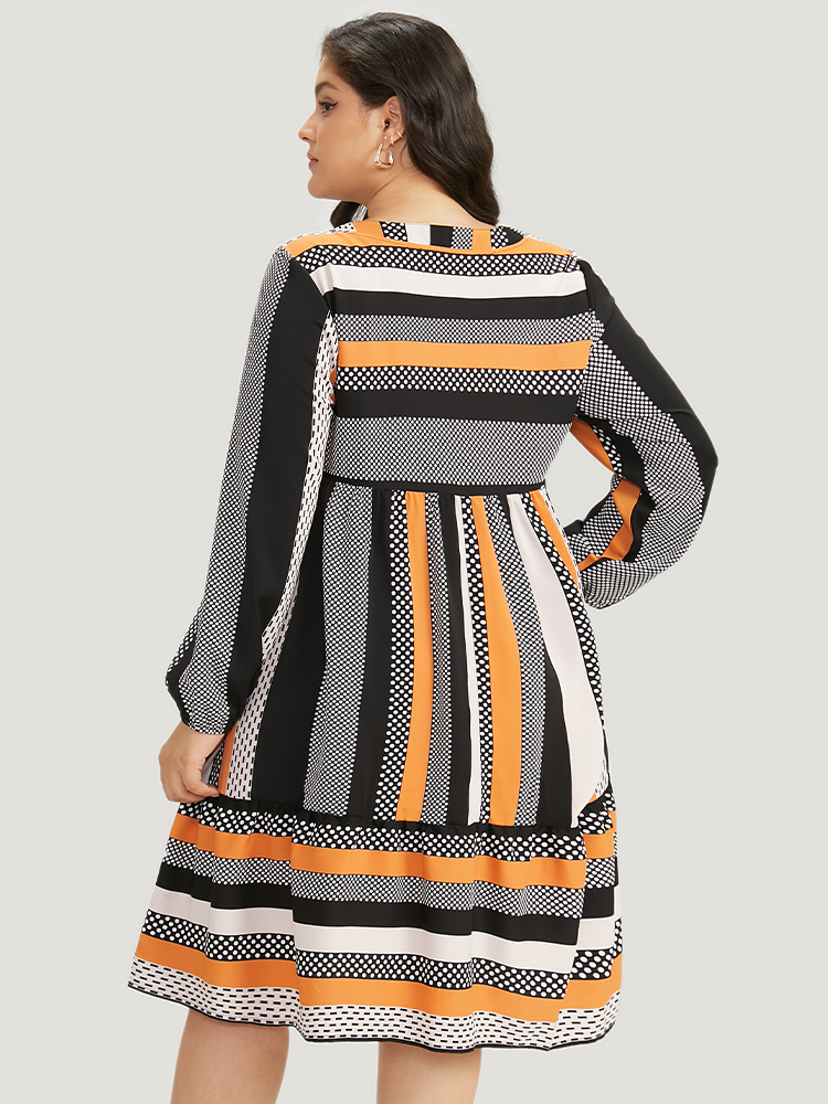 Plus Size Polka Dot & Striped Print Notched Pocket Dress Orange Women Office Elastic cuffs Notched collar Long Sleeve Curvy Midi Dress BloomChic 12/L 