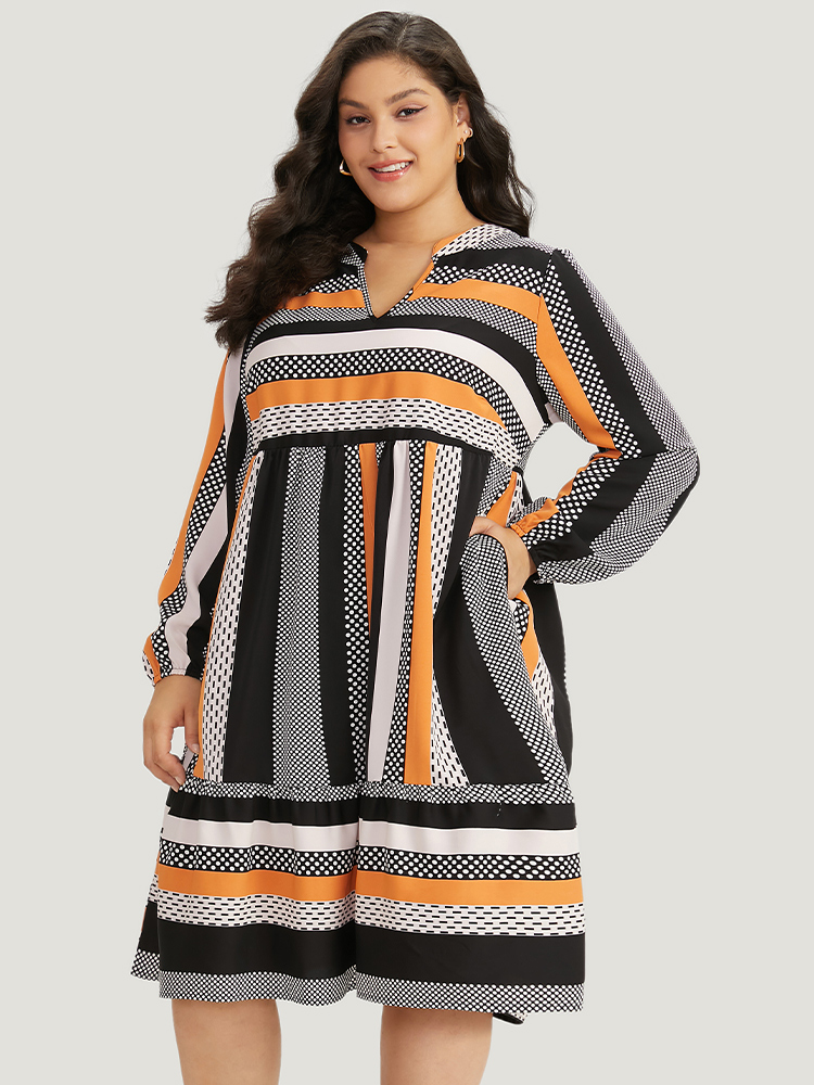 Plus Size Polka Dot & Striped Print Notched Pocket Dress Orange Women Office Elastic cuffs Notched collar Long Sleeve Curvy Midi Dress BloomChic 12/L 