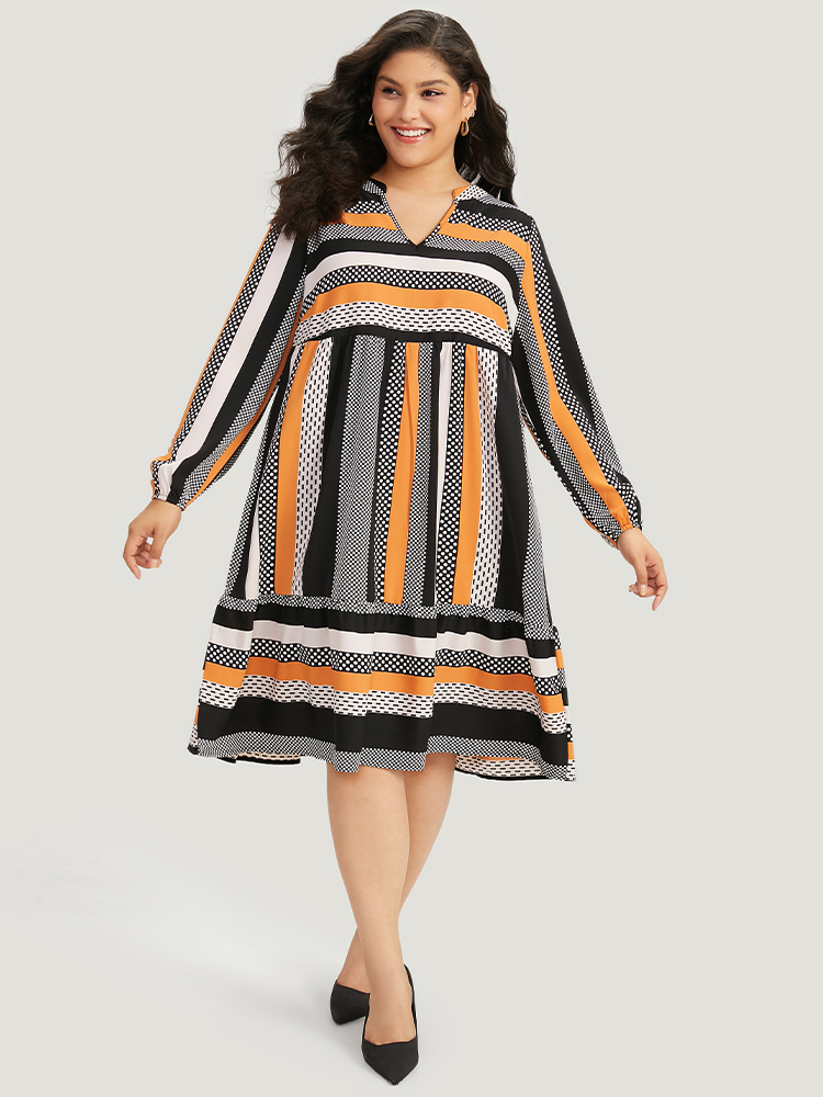 Plus Size Polka Dot & Striped Print Notched Pocket Dress Orange Women Office Elastic cuffs Notched collar Long Sleeve Curvy Midi Dress BloomChic 12/L 