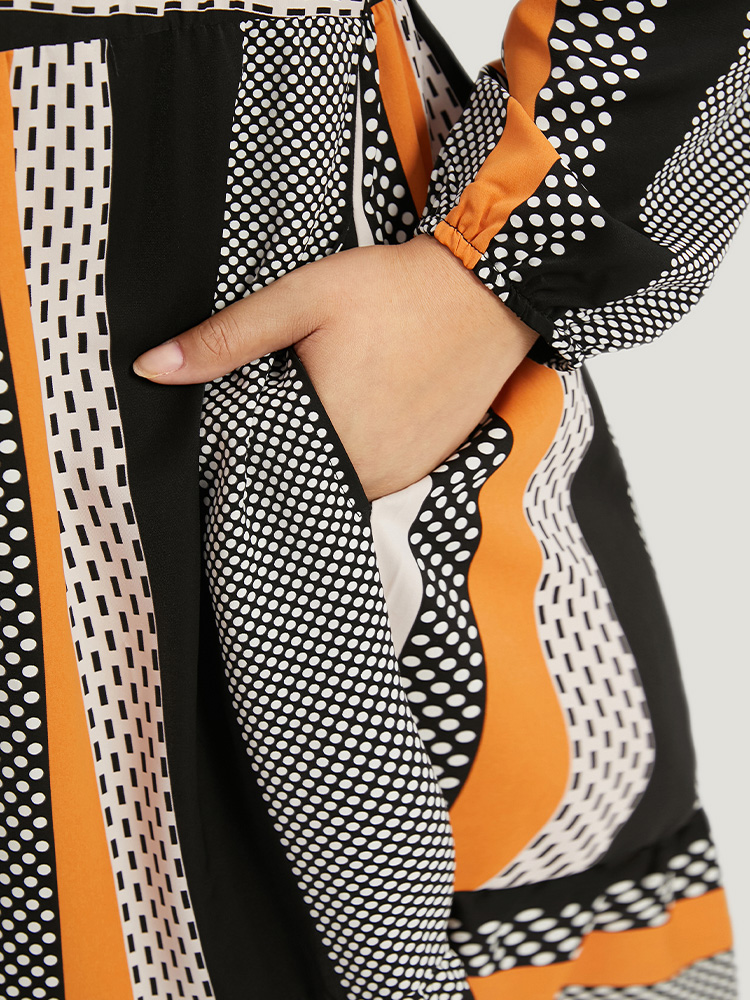 Plus Size Polka Dot & Striped Print Notched Pocket Dress Orange Women Office Elastic cuffs Notched collar Long Sleeve Curvy Midi Dress BloomChic 12/L 