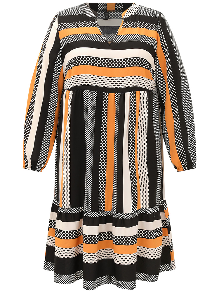 Plus Size Polka Dot & Striped Print Notched Pocket Dress Orange Women Office Elastic cuffs Notched collar Long Sleeve Curvy Midi Dress BloomChic 12/L 