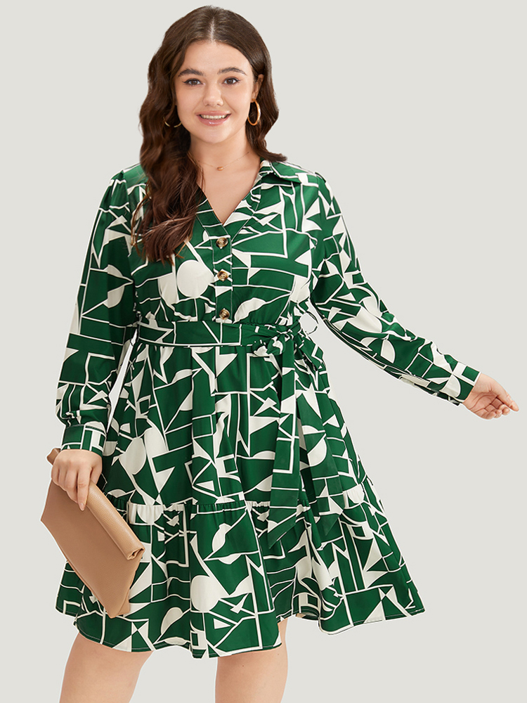 Plus Size Women Work Geometric Belted Regular Sleeve Long Sleeve Shirt collar Pocket Belt Office Dresses BloomChic 