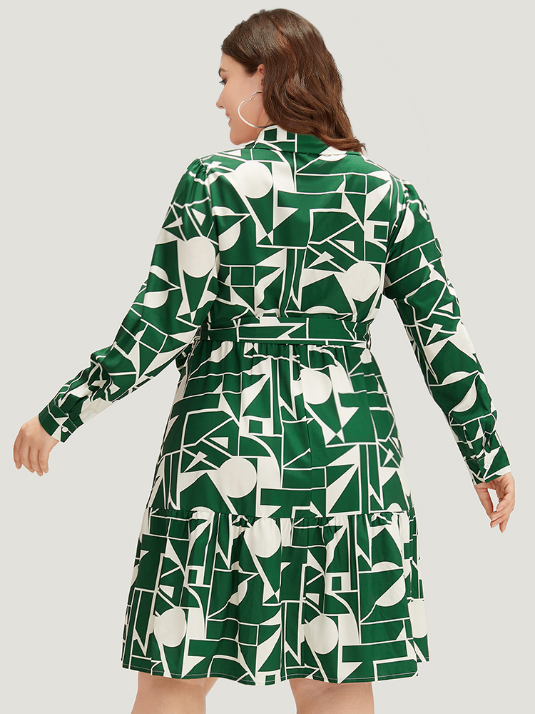Plus Size Women Work Geometric Belted Regular Sleeve Long Sleeve Shirt collar Pocket Belt Office Dresses BloomChic 