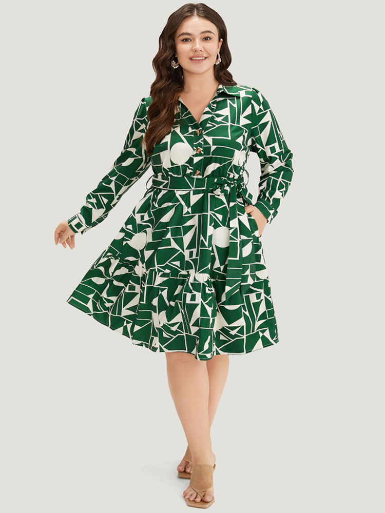 

Plus Size Geometric Shirt Collar Belted Pocket Flutter Dress Green Women Office Belted Shirt collar Long Sleeve Curvy Midi Dress BloomChic