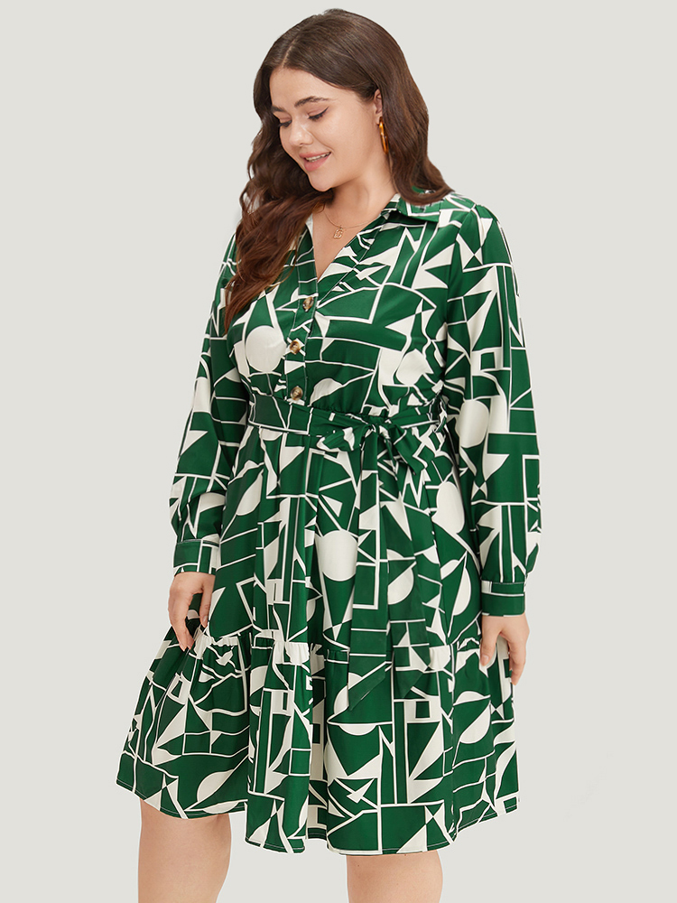 Plus Size Women Work Geometric Belted Regular Sleeve Long Sleeve Shirt collar Pocket Belt Office Dresses BloomChic 