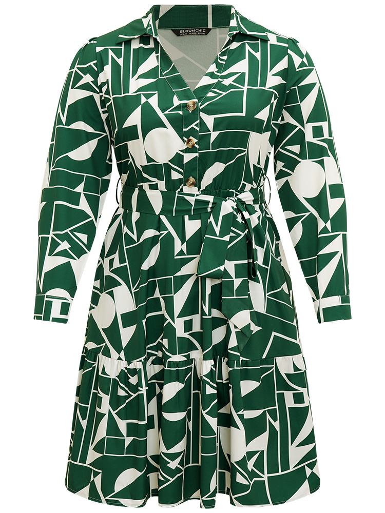 Plus Size Women Work Geometric Belted Regular Sleeve Long Sleeve Shirt collar Pocket Belt Office Dresses BloomChic 