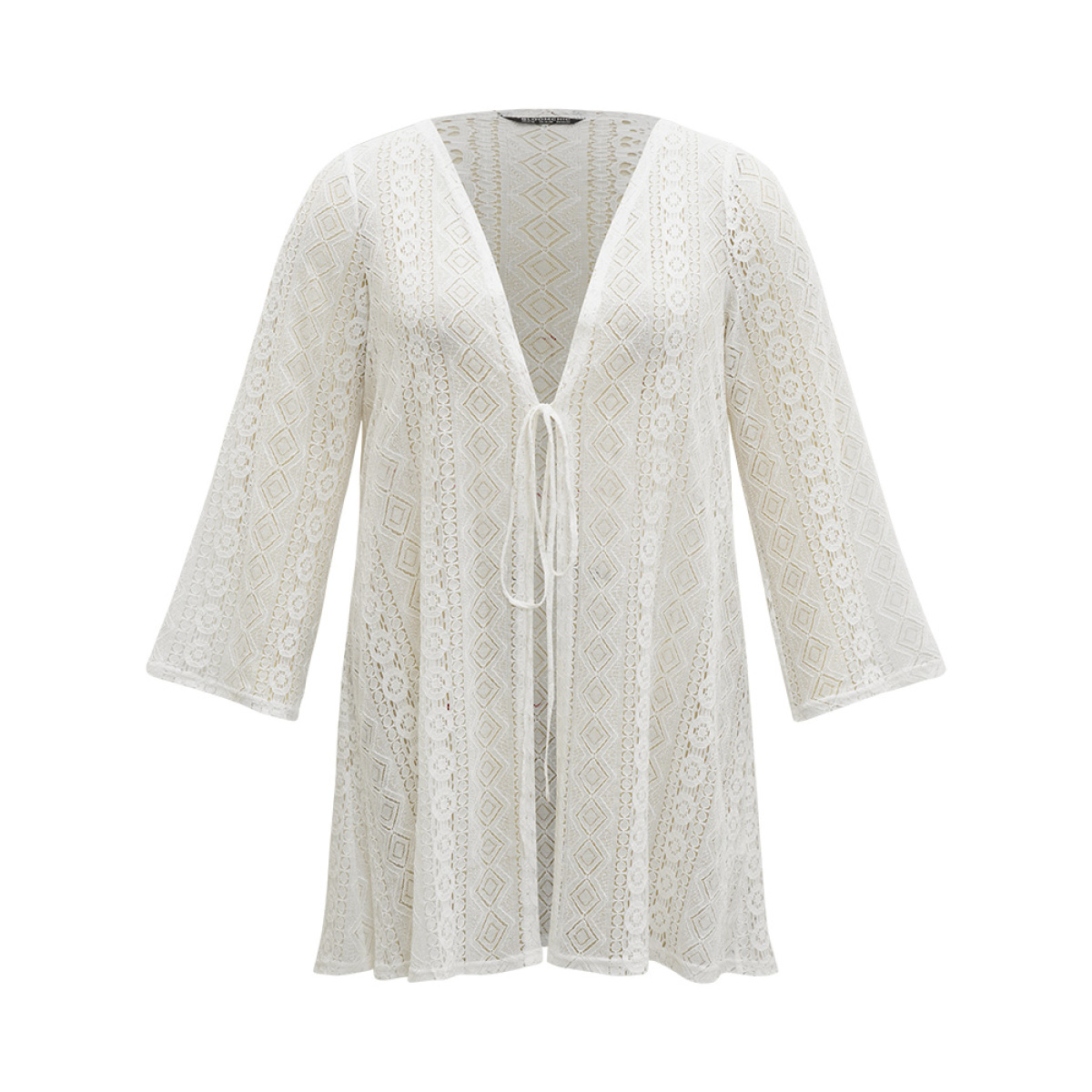 

Plus Size Plain Geometric Guipure Lace Ties Kimono Women White Casual Lace Dailywear Kimonos BloomChic