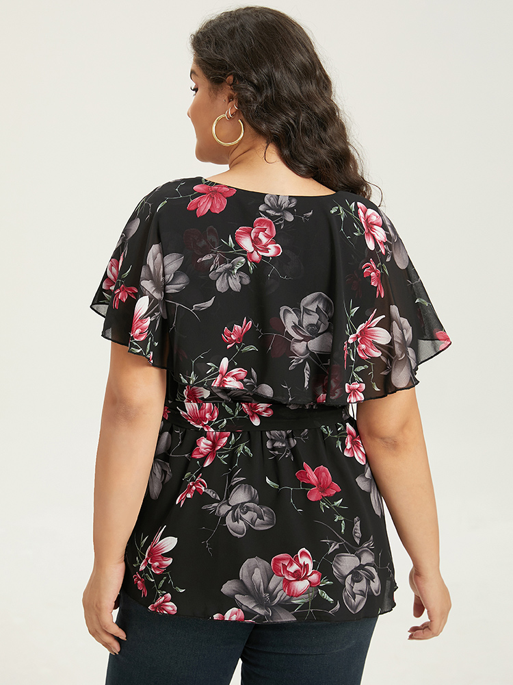 

Plus Size Black Floral Split Batwing Sleeve Wrap Mesh Belted Blouse Women Glamour Cap Sleeve Deep V-neck Going out Blouses BloomChic