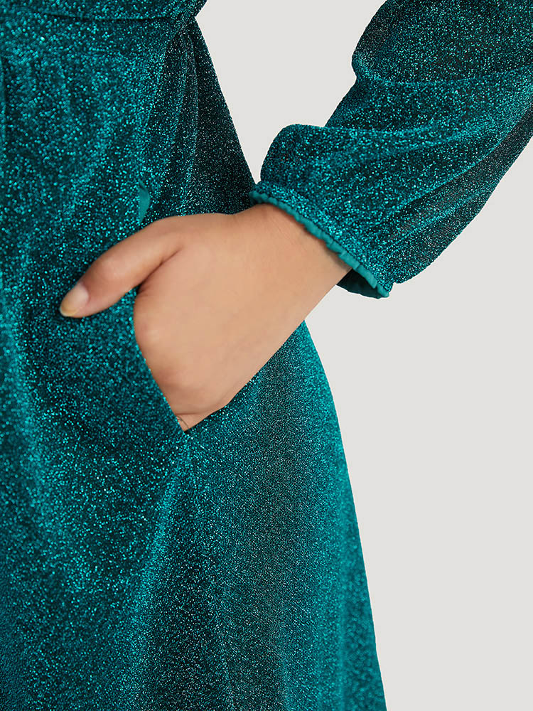 

Plus Size Glitter Overlap Collar Pocket Ruched Dress Teal Women Elegant Elastic cuffs V-neck Long Sleeve Curvy Midi Dress BloomChic