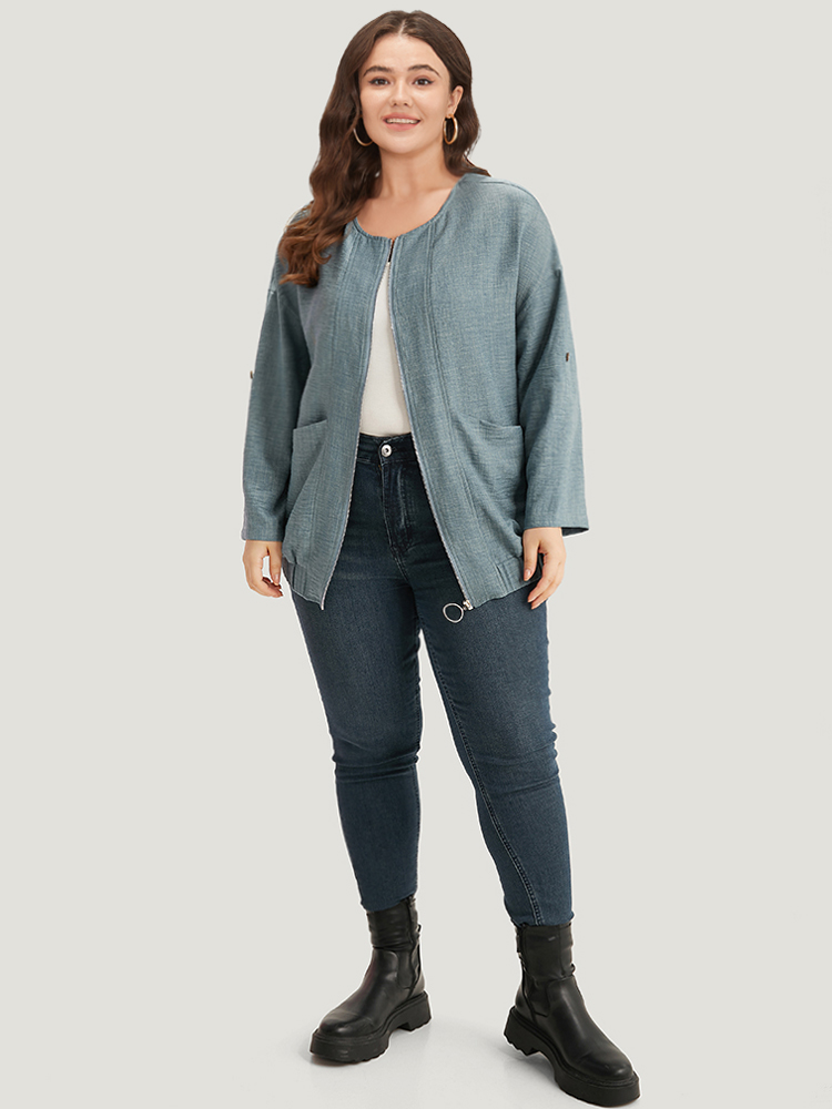 

Plus Size Plain Pocket Zipper Tab Sleeve Jacket Women Aegean Zipper Pocket Dailywear Jackets BloomChic