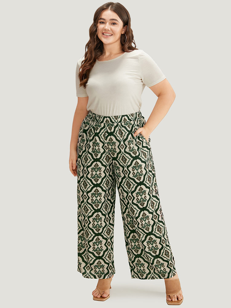 Plus Size Women Vacation Bohemian Print Elastic Waist High Rise Pocket Resort Pants BloomChic 