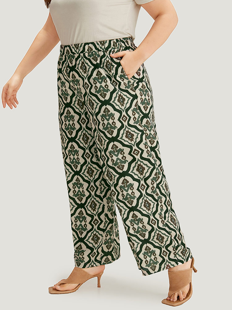 Plus Size Women Vacation Bohemian Print Elastic Waist High Rise Pocket Resort Pants BloomChic 