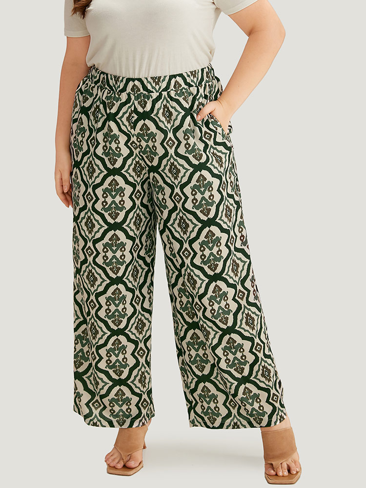 Plus Size Women Vacation Bohemian Print Elastic Waist High Rise Pocket Resort Pants BloomChic 