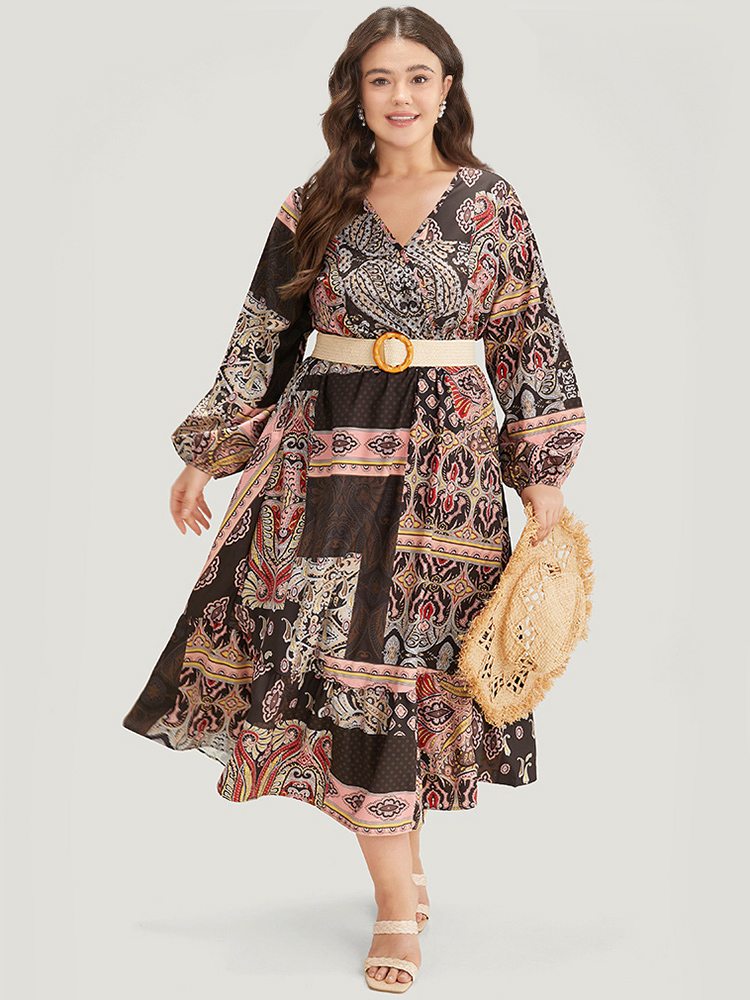 

Plus Size Bandana Print Wrap Pocket Lantern Sleeve Dress Multicolor Women Elastic cuffs V-neck Long Sleeve Curvy Midi Dress BloomChic