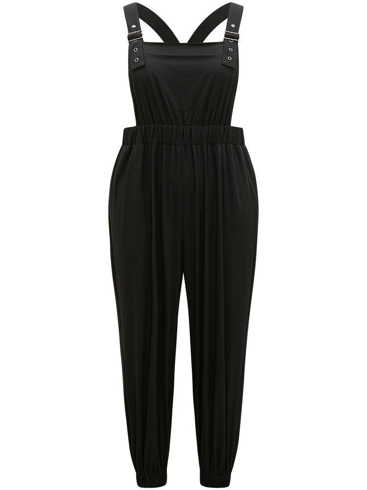 Plus Size Black Solid Pocket Back Crisscross Elastic Waist Jumpsuit Women Casual Sleeveless Spaghetti Strap Dailywear Loose Jumpsuits BloomChic 10/M 