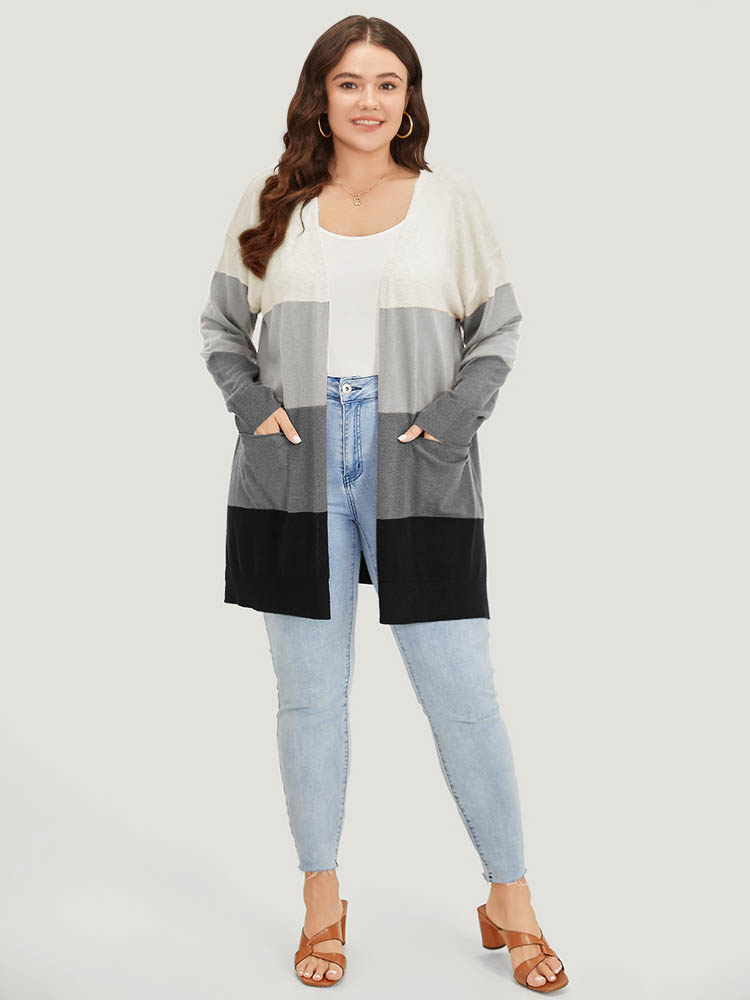 

Plus Size Supersoft Essentials Colorblock Contrast Pocket Split Side Cardigan DarkGray Women Casual Loose Long Sleeve Everyday Cardigans BloomChic