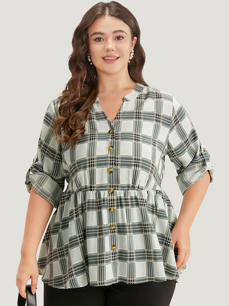 

Plus Size SlateGray Plaid Notched Button Through Tab Sleeve Blouse Women Office Long Sleeve Shirt collar Work Blouses BloomChic