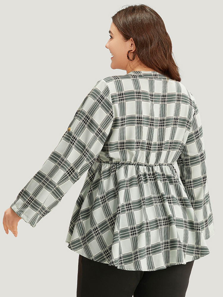 Plus Size SlateGray Plaid Notched Button Through Tab Sleeve Blouse Women Office Long Sleeve Shirt collar Work Blouses BloomChic 22-24/3X 