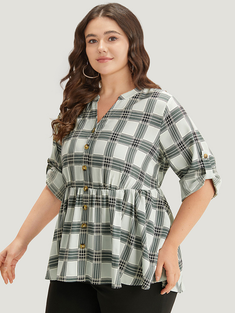 Plus Size SlateGray Plaid Notched Button Through Tab Sleeve Blouse Women Office Long Sleeve Shirt collar Work Blouses BloomChic 22-24/3X 