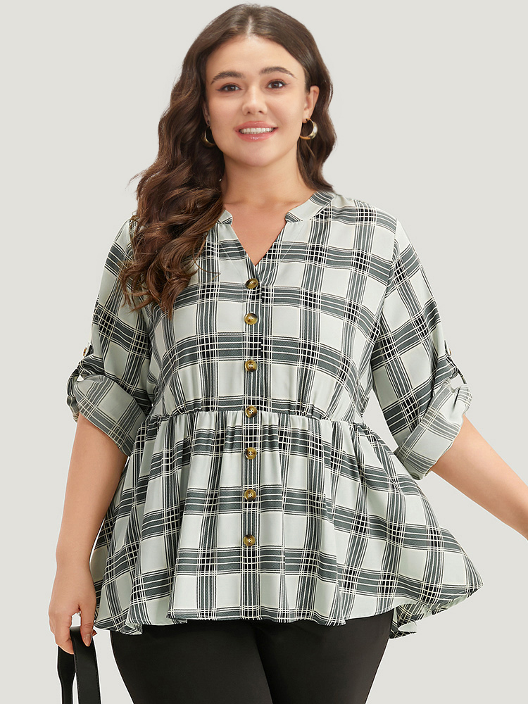 Plus Size SlateGray Plaid Notched Button Through Tab Sleeve Blouse Women Office Long Sleeve Shirt collar Work Blouses BloomChic 22-24/3X 