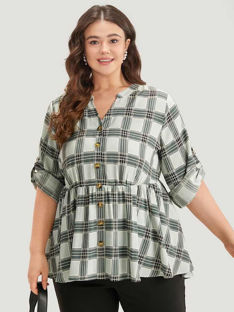 Plus Size SlateGray Plaid Notched Button Through Tab Sleeve Blouse Women Office Long Sleeve Shirt collar Work Blouses BloomChic 22-24/3X 