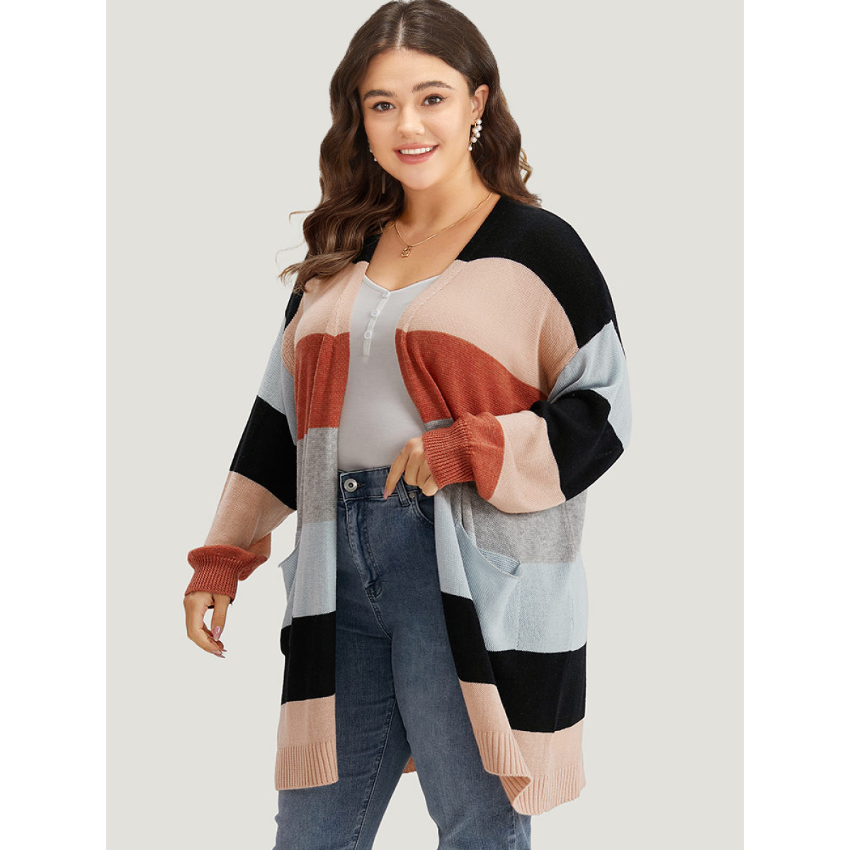 

Plus Size Supersoft Essentials Colorblock Patched Pocket Tunic Cardigan Multicolor Women Casual Loose Long Sleeve Dailywear Cardigans BloomChic