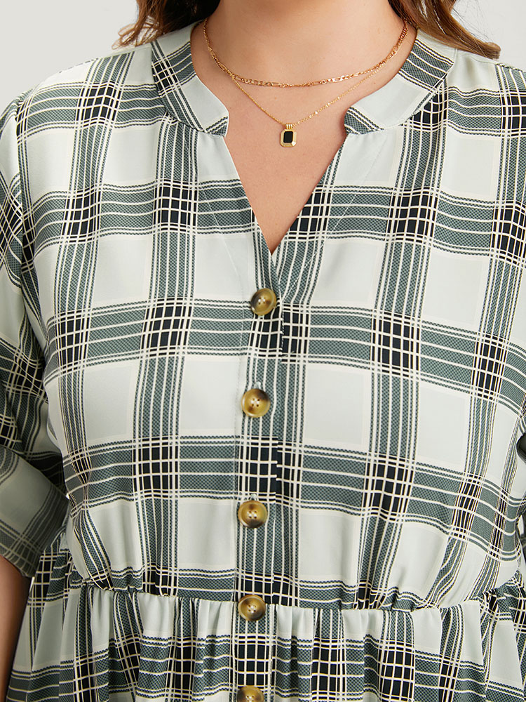 Plus Size SlateGray Plaid Notched Button Through Tab Sleeve Blouse Women Office Long Sleeve Shirt collar Work Blouses BloomChic 22-24/3X 