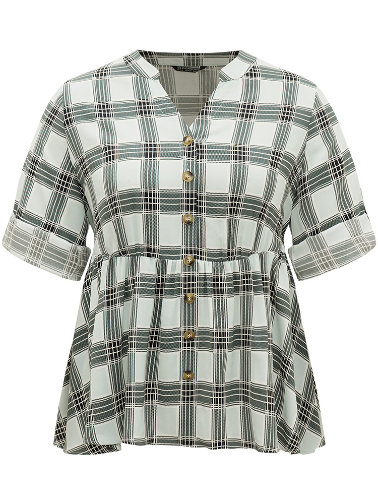 Plus Size SlateGray Plaid Notched Button Through Tab Sleeve Blouse Women Office Long Sleeve Shirt collar Work Blouses BloomChic 22-24/3X 