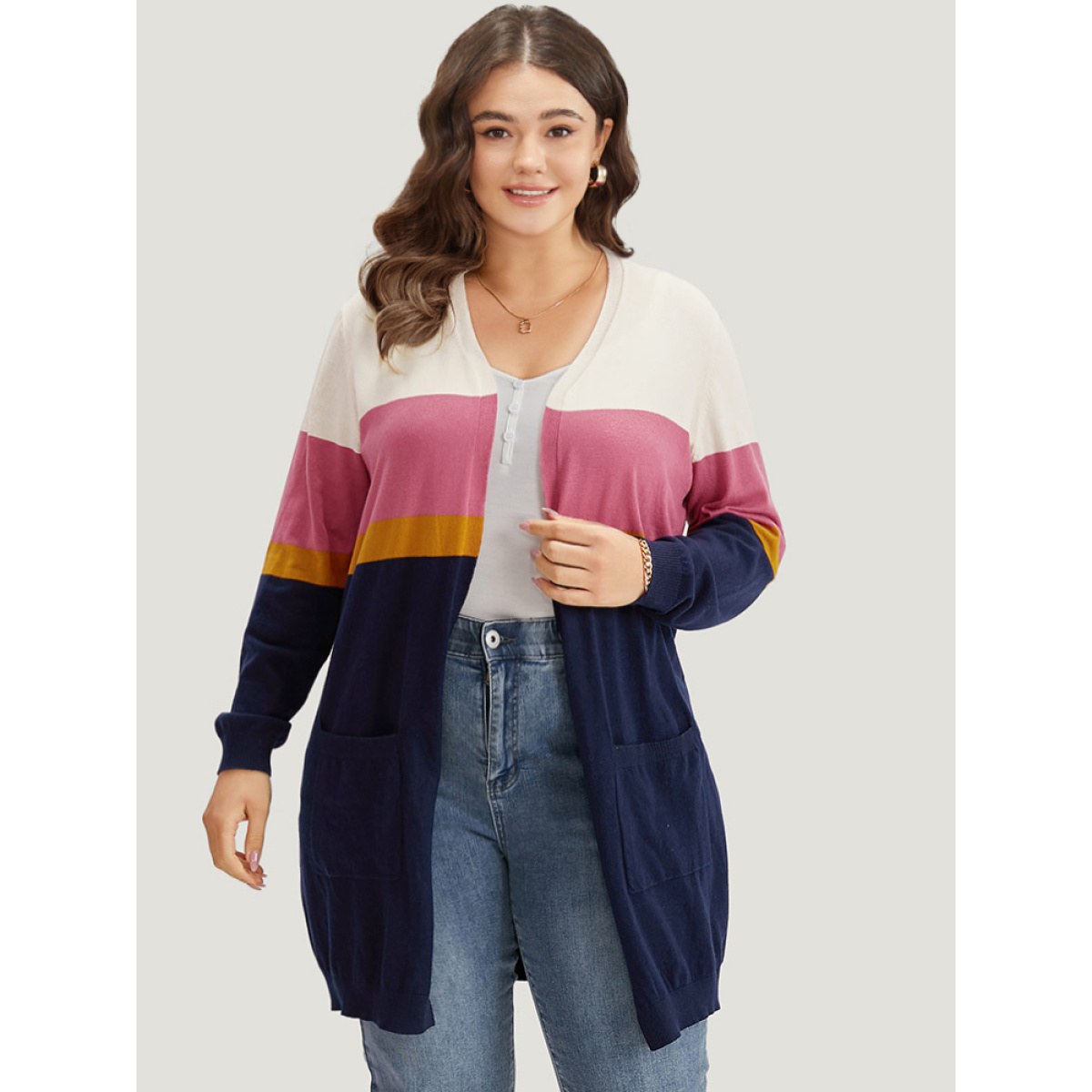 

Plus Size Supersoft Essentials Contrast Open Front Tunic Cardigan Multicolor Women Casual Loose Long Sleeve Dailywear Cardigans BloomChic