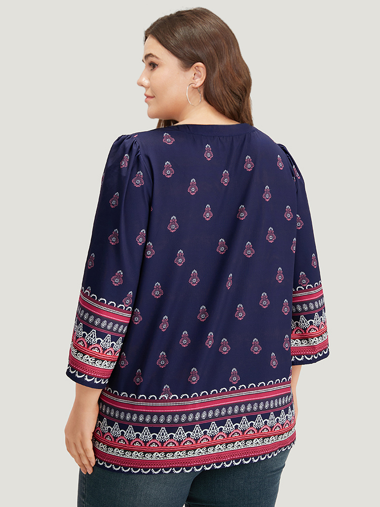 Plus Size Women Vacation Bohemian Print Printed Regular Sleeve Elbow-length sleeve V-neck Vacation Blouses BloomChic 