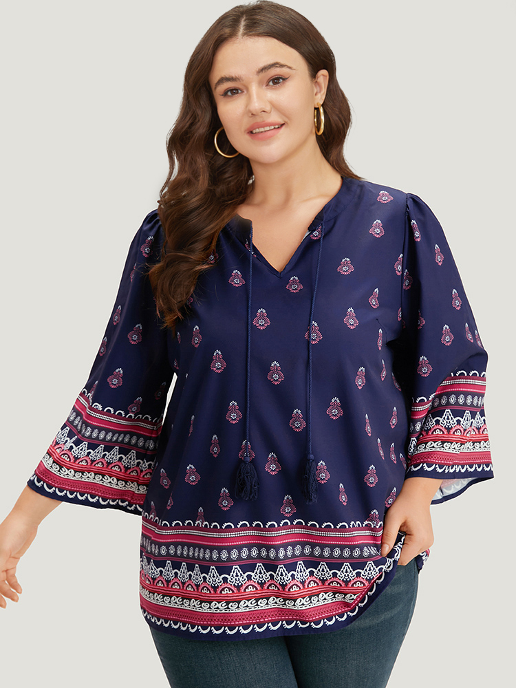 Plus Size Women Vacation Bohemian Print Printed Regular Sleeve Elbow-length sleeve V-neck Vacation Blouses BloomChic 